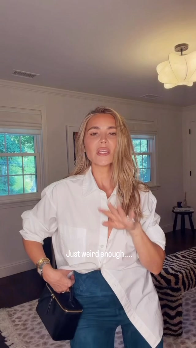 Woman wearing a relaxed white shirt with full-length bottoms
