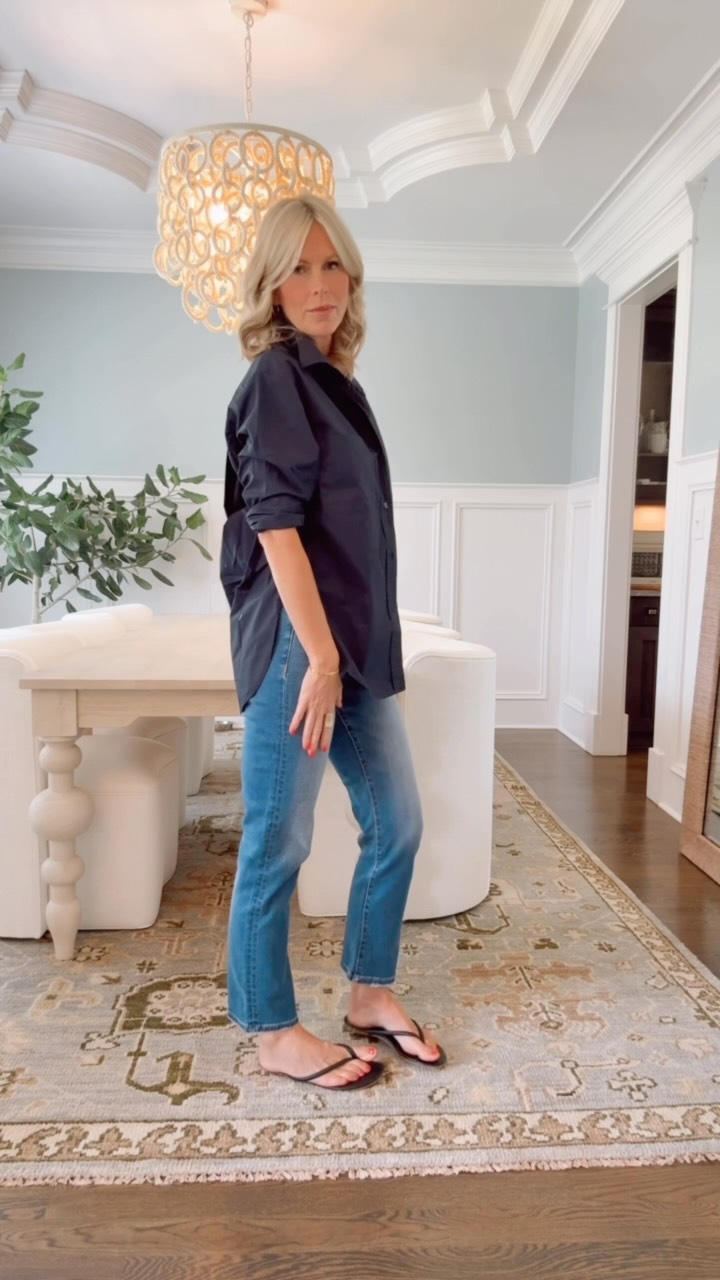 Woman wearing an easy relaxed top in a polished everyday outfit